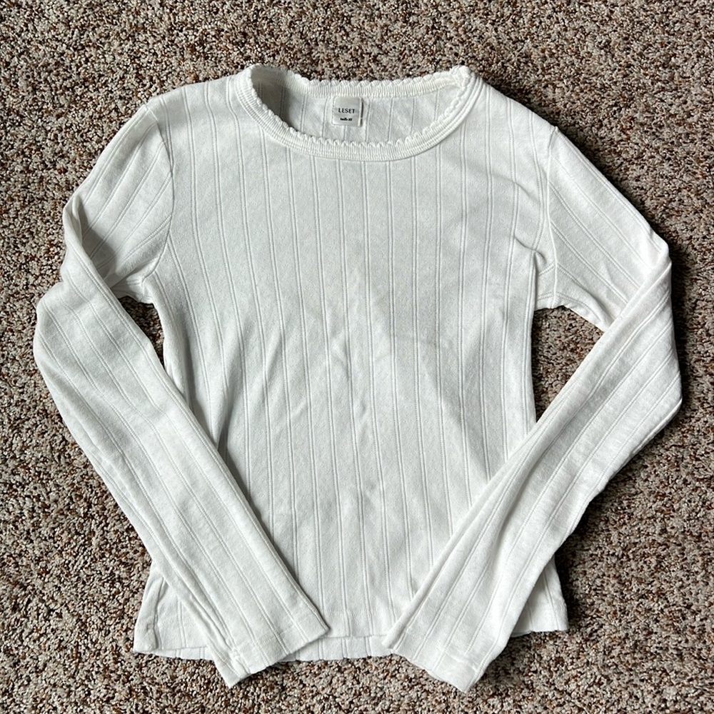 LESET Pointelle Slim Fit Long Sleeve Top White XS